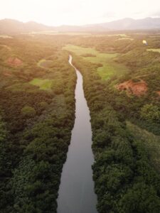 aerial view of serene river in hawaii landscape